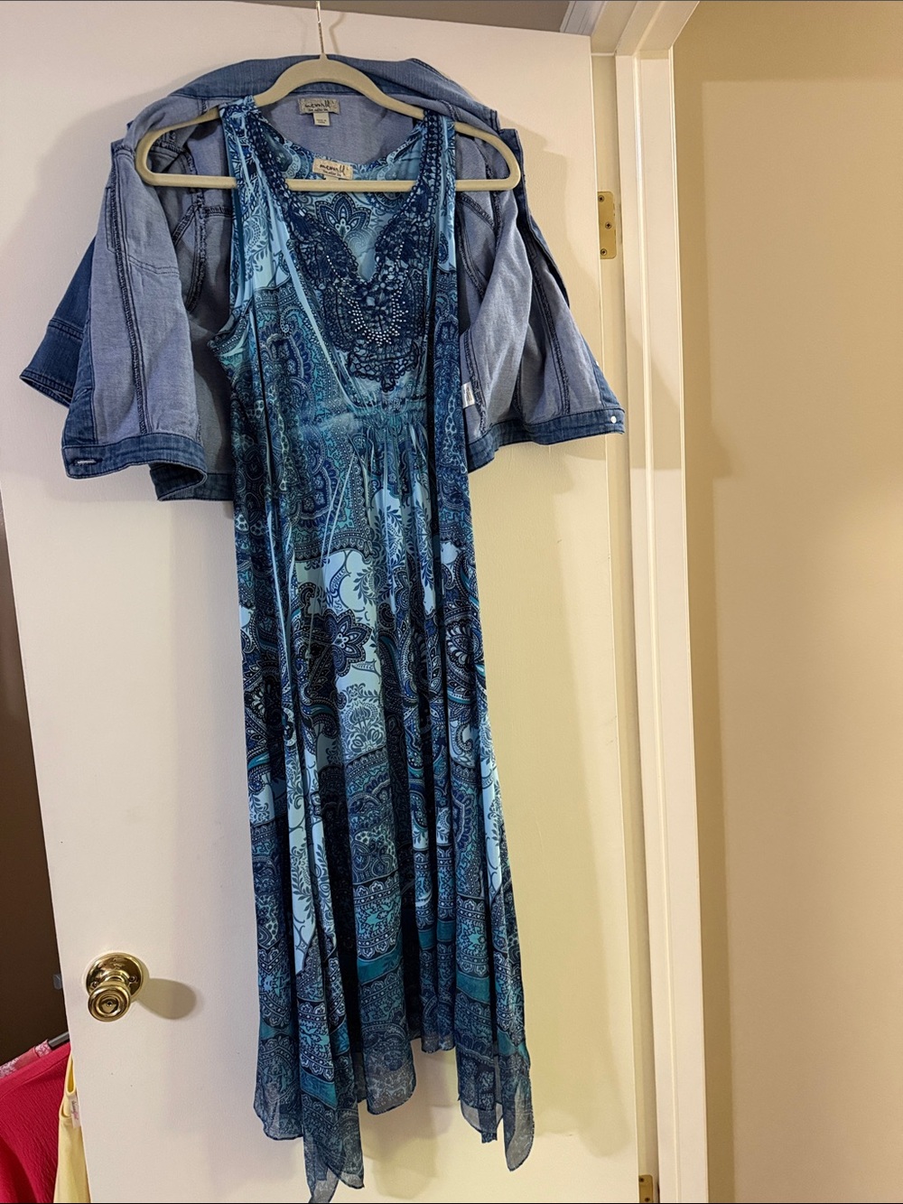 ONE WORLD Blue Patterned V-Neck Maxi Dress with denim jacket